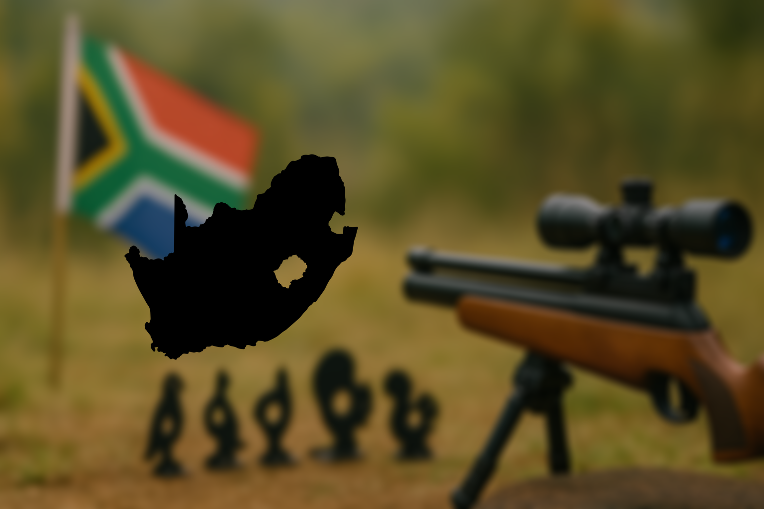 AI generated background image of South African flag and air rifle, metal targets and map of South Africa.