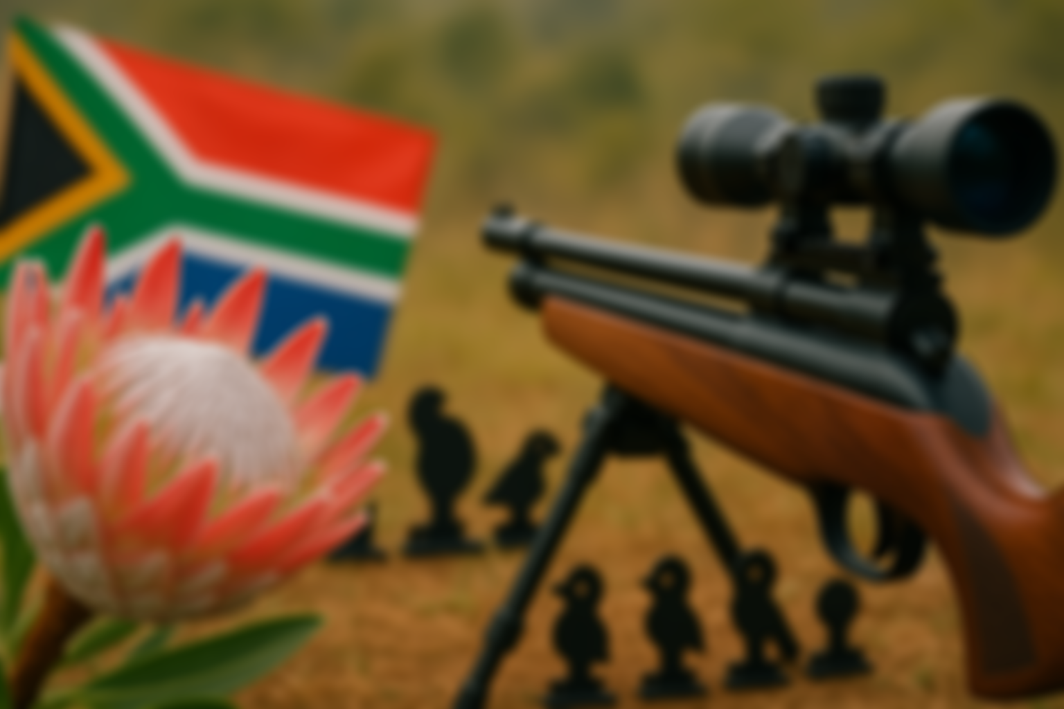 AI generated background image of a protea, South African flag and air rifle.